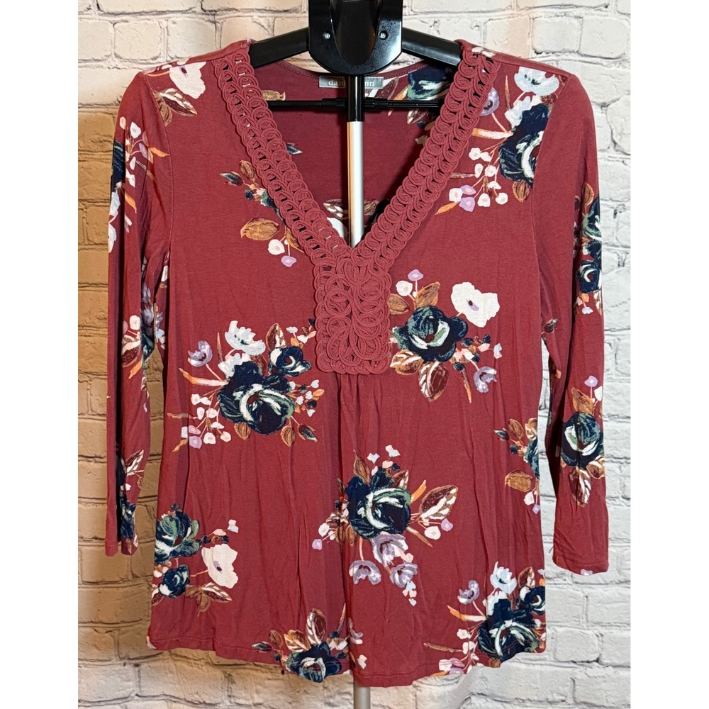Daniel Rainn Womens Rust Floral Crochet V-Neck 3/4 Sleeve Knit Top Medium‎